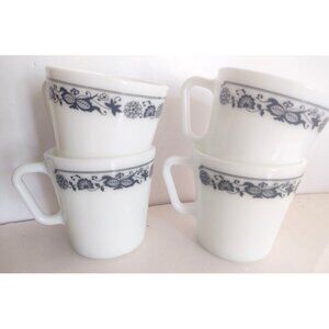 4 Vintage Pyrex Milk Glass “Old Town Blue Onion” 8 oz. Mugs